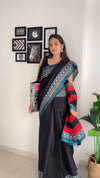 Black Linen Printed Saree for Women | Blue & Red Ethnic Border Saree