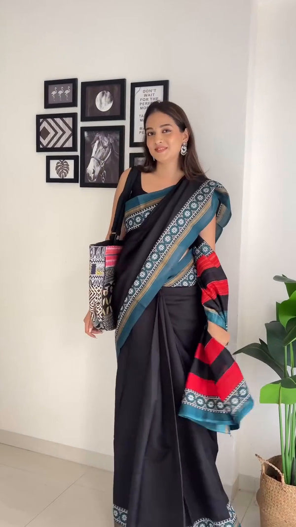 Black Linen Printed Saree for Women | Blue & Red Ethnic Border Saree