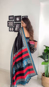 Black Linen Printed Saree for Women | Blue & Red Ethnic Border Saree