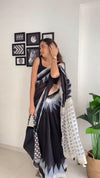 Black Linen Printed Saree for Women | Black & White Abstract Printed Saree