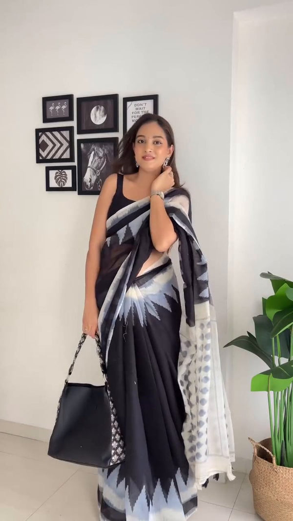 Black Linen Printed Saree for Women | Black & White Abstract Printed Saree