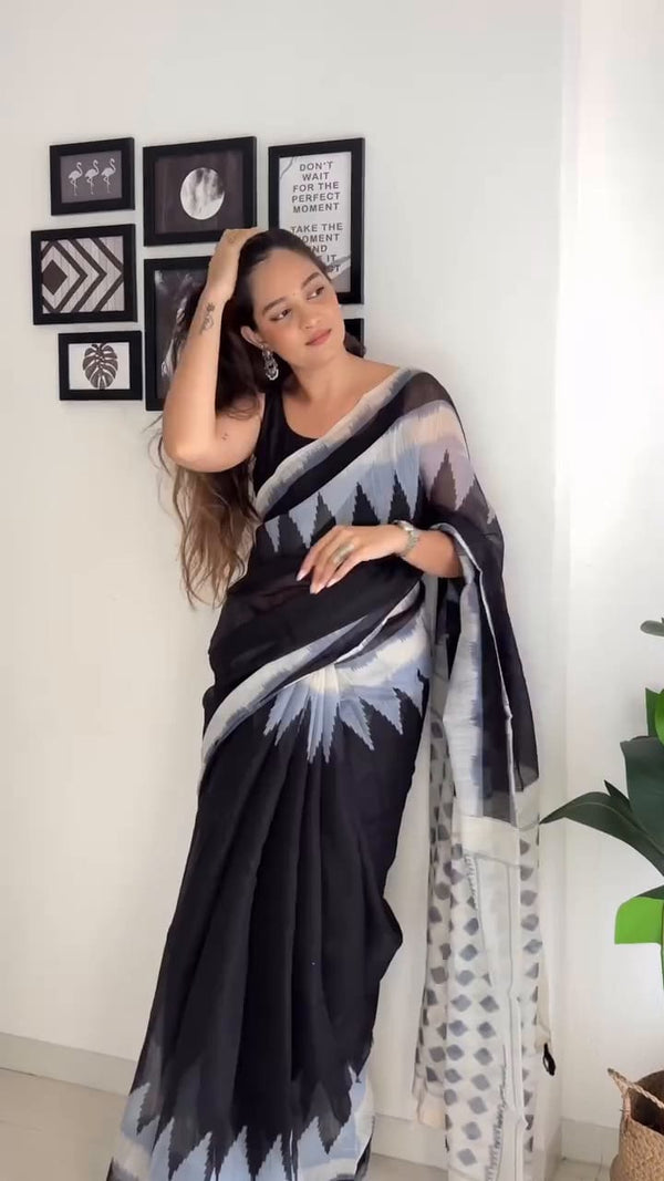 Black Linen Printed Saree for Women | Black & White Abstract Printed Saree