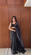 Black Linen Printed Saree for Women | Floral & Leaf Print Saree