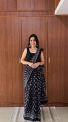 Black Linen Printed Saree for Women | Floral & Leaf Print Saree