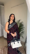 Black Linen Printed Saree for Women | Maroon Abstract & Geometric Print Saree