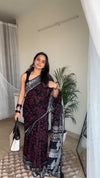Black Linen Printed Saree for Women | Maroon Abstract & Geometric Print Saree
