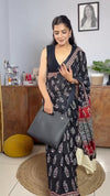 Black Linen Printed Saree for Women | Floral Block Print with Red Pallu