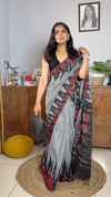 Grey Linen Printed Saree for Women | Black & Red Abstract Printed Saree
