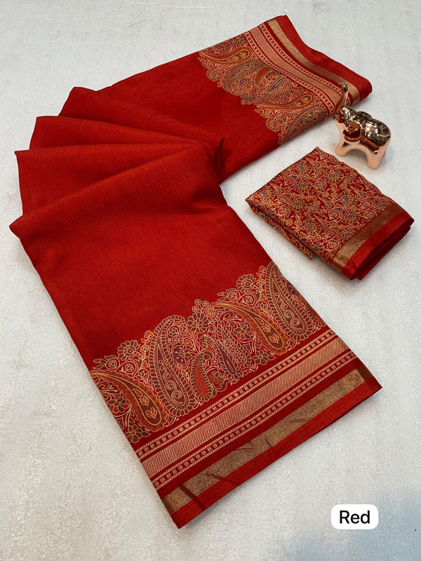 Tussar Silk Paisley Border Printed Saree for Women | Elegant Printed Silk Saree