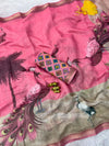 Linen Printed Saree for Women | Peacock & Floral Digital Print Saree