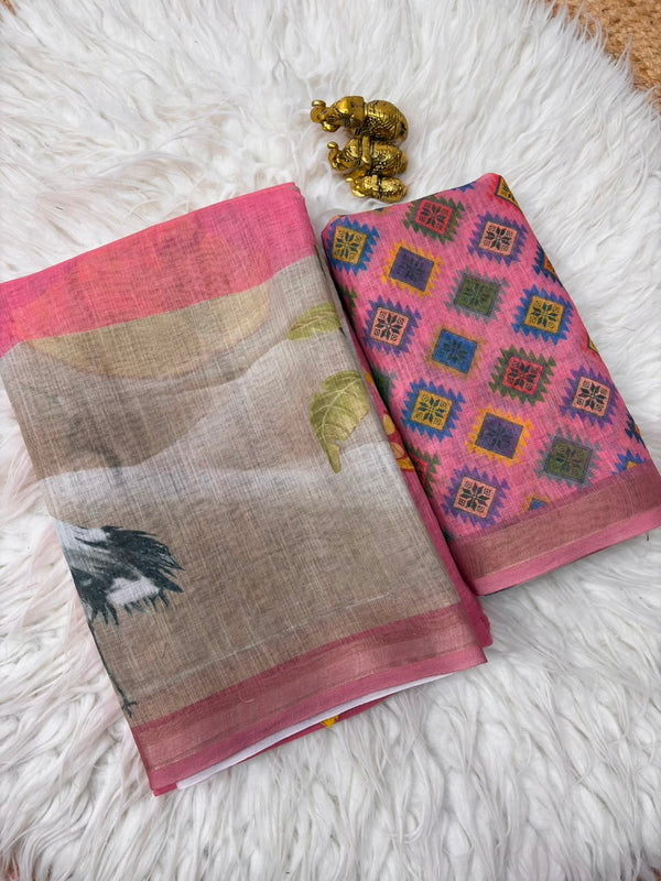 Linen Printed Saree for Women | Peacock & Floral Digital Print Saree