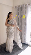 White Linen Printed Saree for Women | Black Striped & Floral Print Saree