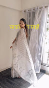 White Linen Printed Saree for Women | Black Striped & Floral Print Saree