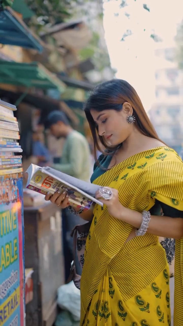 Yellow Printed Saree for Women | Traditional Paisley Print Saree with Striped Border