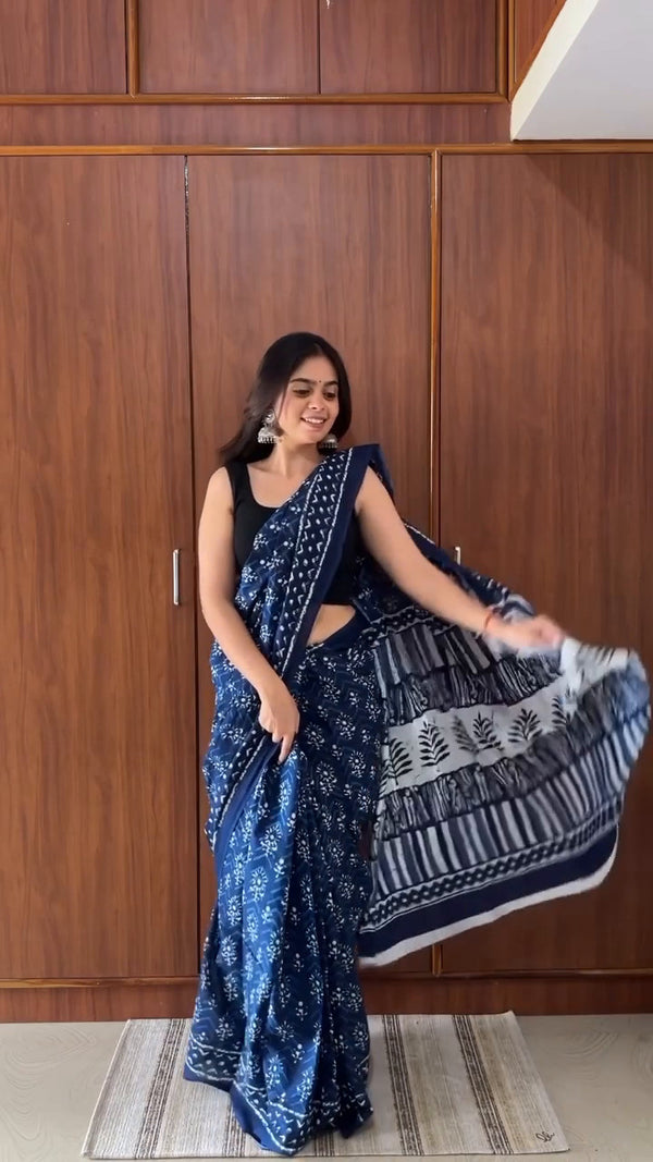 Navy Blue Printed Linen Saree for Women | Floral Print Saree with Designer Border