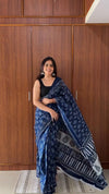 Navy Blue Printed Linen Saree for Women | Floral Print Saree with Designer Border