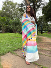 Multicolor Striped Linen Saree for Women | White Linen Saree with Colorful Border & Tassels