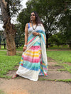 Multicolor Striped Linen Saree for Women | White Linen Saree with Colorful Border & Tassels