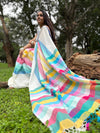 Multicolor Striped Linen Saree for Women | White Linen Saree with Colorful Border & Tassels