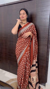 Brown Printed Linen Saree for Women | Traditional Paisley & Striped Designer Saree