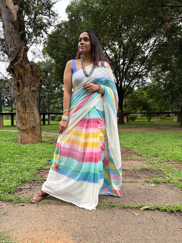 Multicolor Striped Linen Saree for Women | White Linen Saree with Colorful Border & Tassels