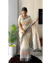 Cream Linen Saree for Women | Striped Linen Saree with Tassel Pallu