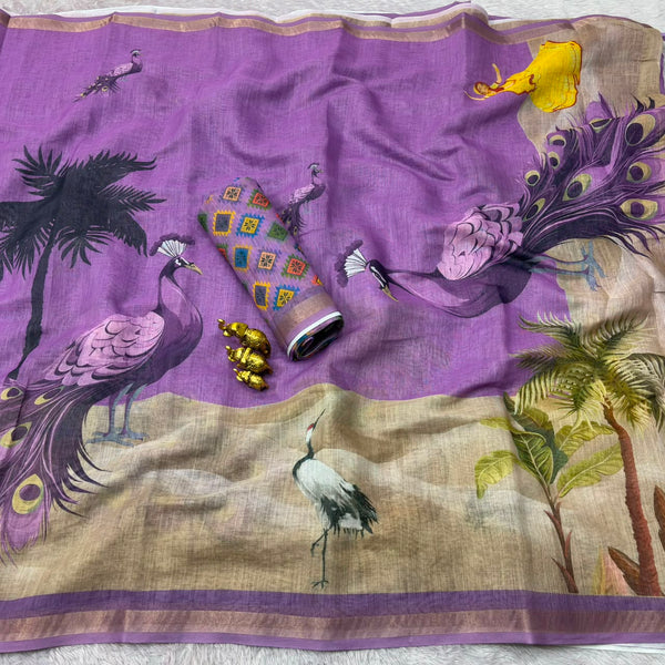 Linen Printed Saree for Women | Peacock & Floral Digital Print Saree