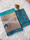 Linen Printed Saree for Women | Peacock & Floral Digital Print Saree