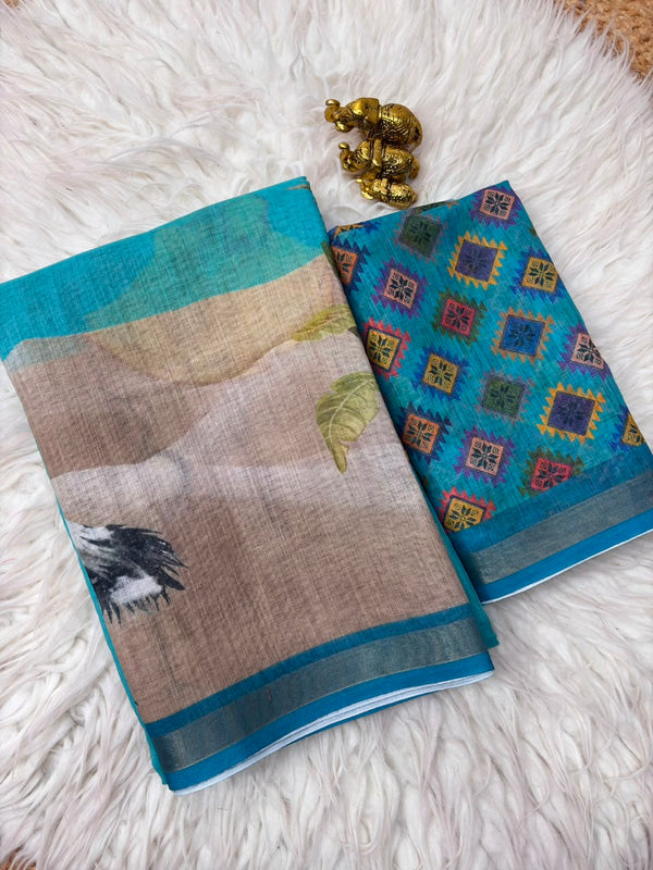 Linen Printed Saree for Women | Peacock & Floral Digital Print Saree