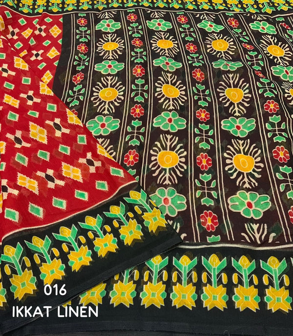Ikat Linen Saree for Women | Traditional Ikat Print Linen Saree