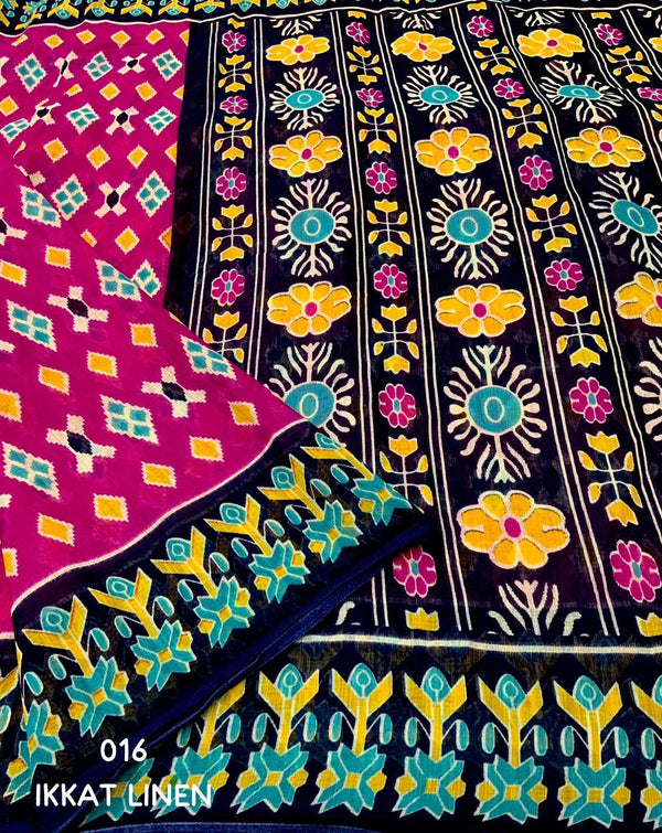 Ikat Linen Saree for Women | Traditional Ikat Print Linen Saree
