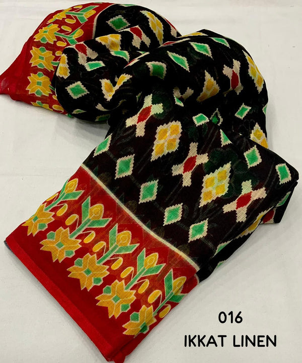 Ikat Linen Saree for Women | Traditional Ikat Print Linen Saree