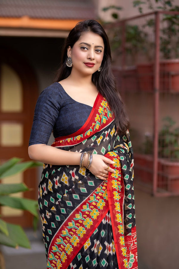 Ikat Linen Saree for Women | Traditional Ikat Print Linen Saree