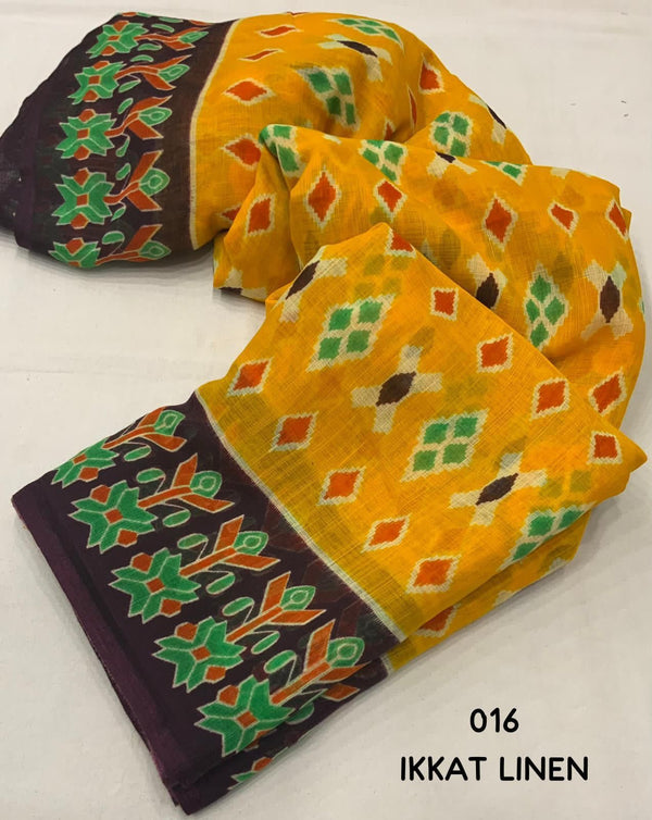 Ikat Linen Saree for Women | Traditional Ikat Print Linen Saree