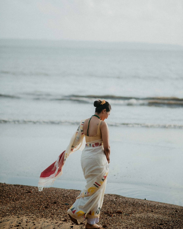 Hand Block Printed Linen Saree for Women | Contemporary Printed Linen Saree
