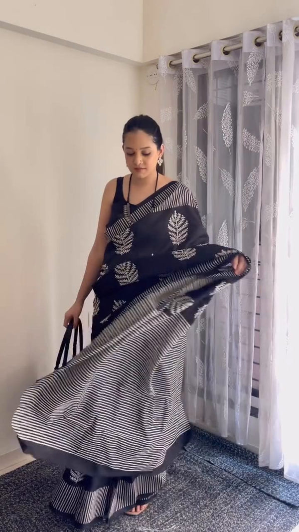 Black Printed Saree for Women | Leaf Print Designer Saree with Striped Border