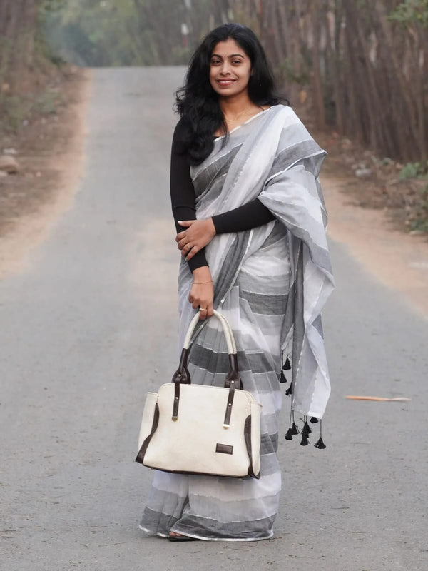 Grey Striped Linen Saree for Women | Elegant Contemporary Linen Saree
