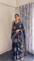Black Printed Saree for Women | Leaf Print Designer Saree with Striped Border