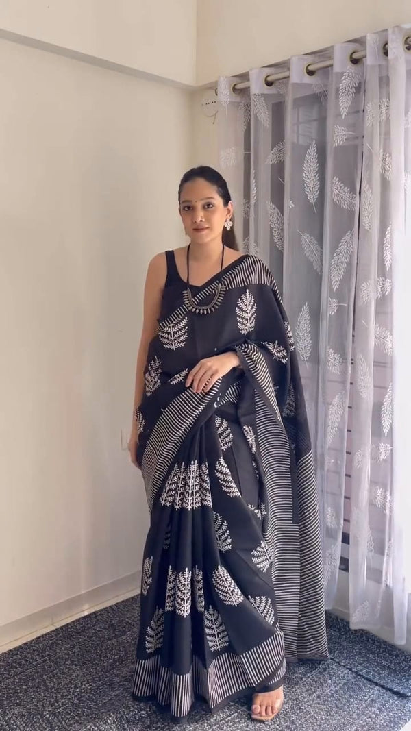 Black Printed Saree for Women | Leaf Print Designer Saree with Striped Border