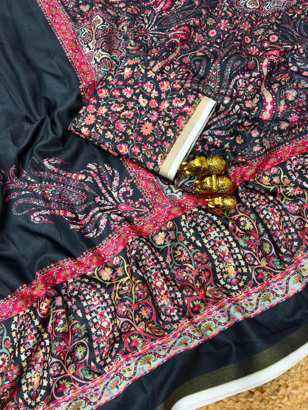 Black Mul Cotton Printed Saree for Women | Floral & Paisley Print Saree