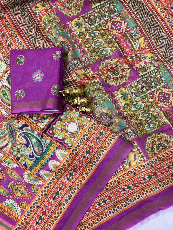 Purple Mul Cotton Printed Saree | Multicolor Ethnic Print Saree for Women