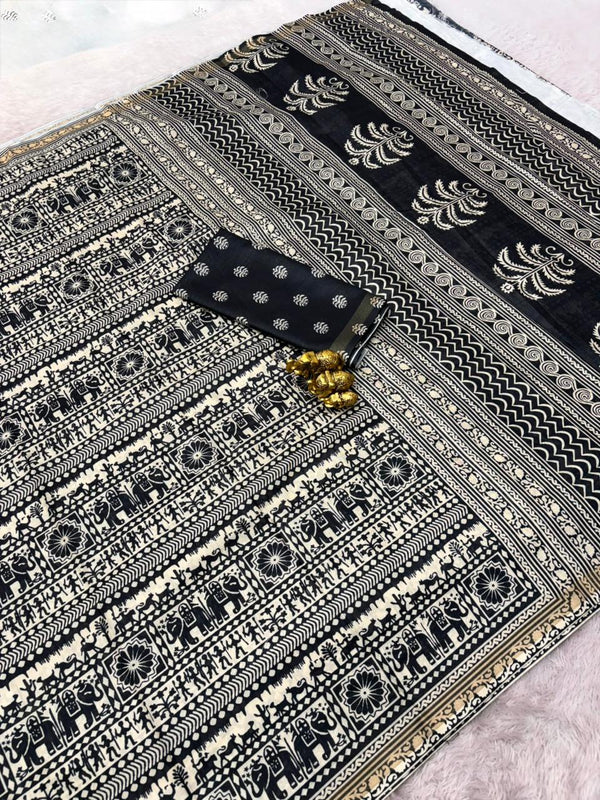 Black & White Mul Cotton Printed Saree | Traditional Ethnic Print Saree for Women