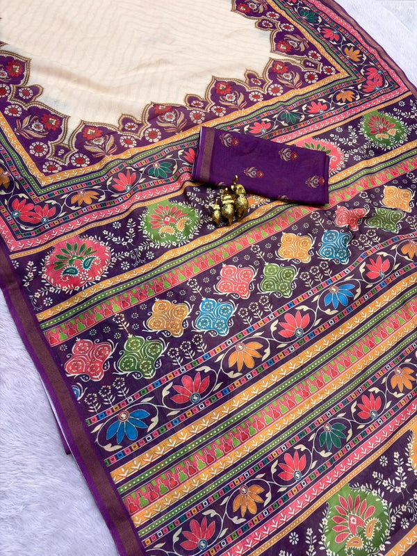 Multicolor Floral Printed Mul Cotton Saree | Elegant Traditional Print Saree for Women