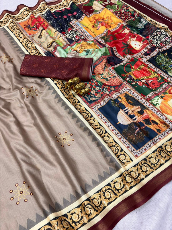 Multicolor Printed Mul Cotton Saree with Artistic Ethnic Motifs | Designer Mul Saree for Women