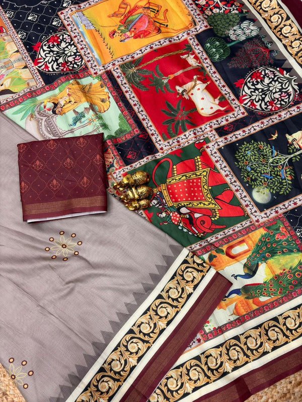 Multicolor Printed Mul Cotton Saree with Artistic Ethnic Motifs | Designer Mul Saree for Women