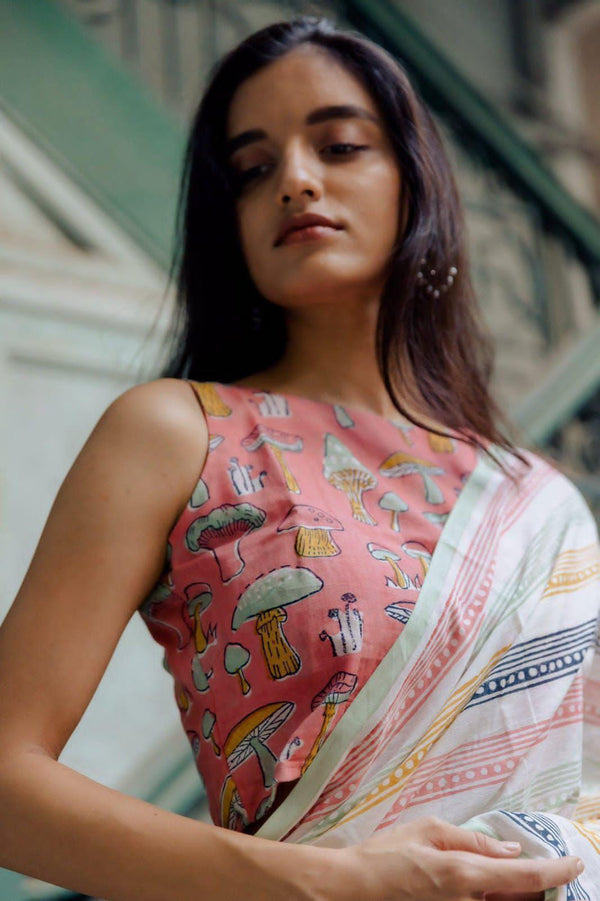 Linen Printed Saree for Women | Stylish Mushroom Print & Striped Border Saree