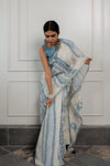 Blue & White Printed Linen Saree for Women | Elegant Designer Linen Saree