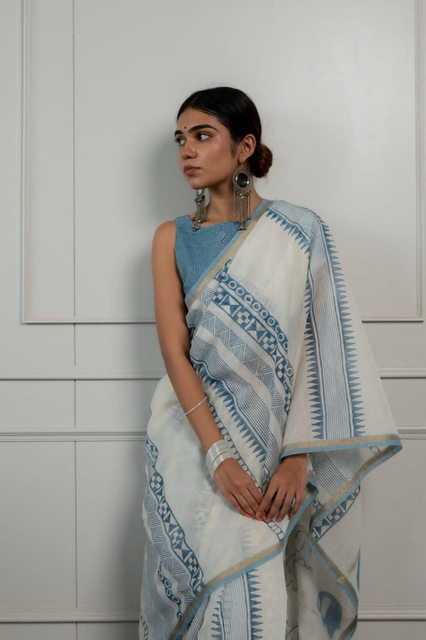 Blue & White Printed Linen Saree for Women | Elegant Designer Linen Saree