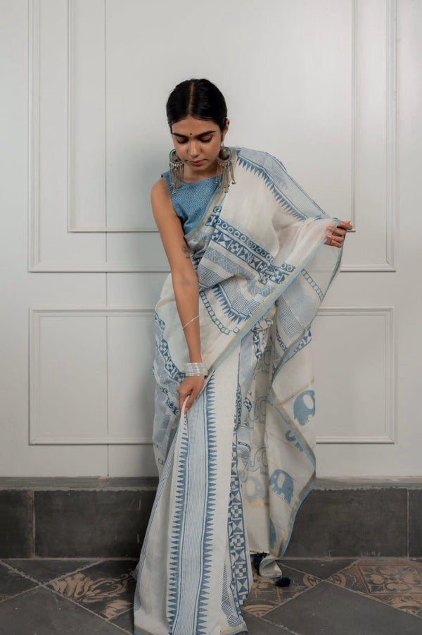 Blue & White Printed Linen Saree for Women | Elegant Designer Linen Saree