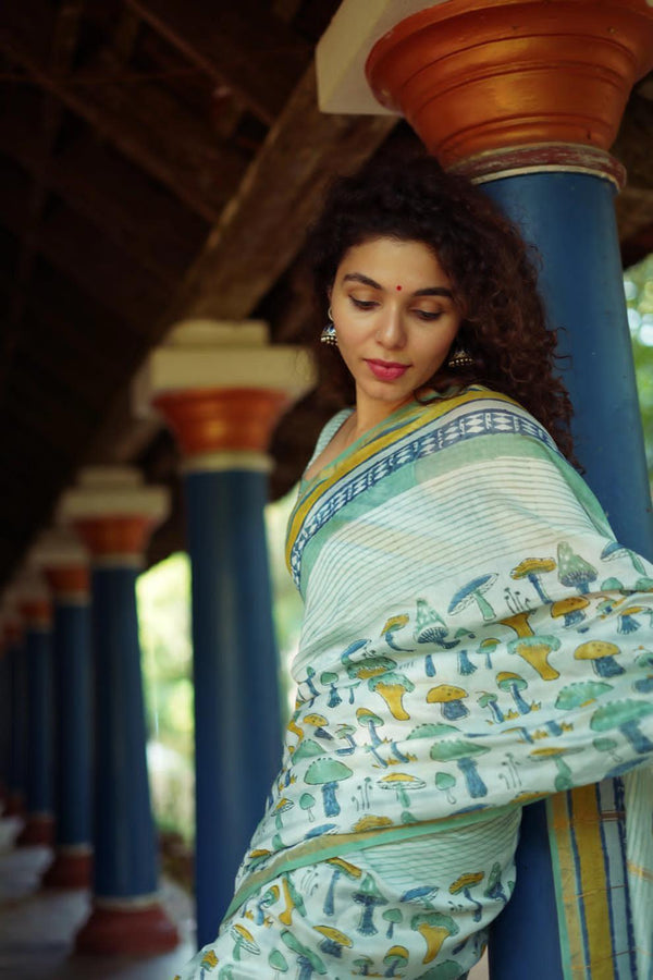 Mint Green Linen Saree with Mushroom Print | Stylish Printed Linen Saree for Women